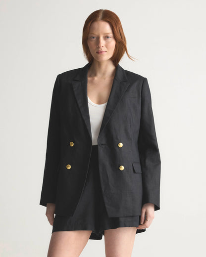 100% European Linen Relaxed Double-Breasted Blazer - XS / Blue Pinstripe