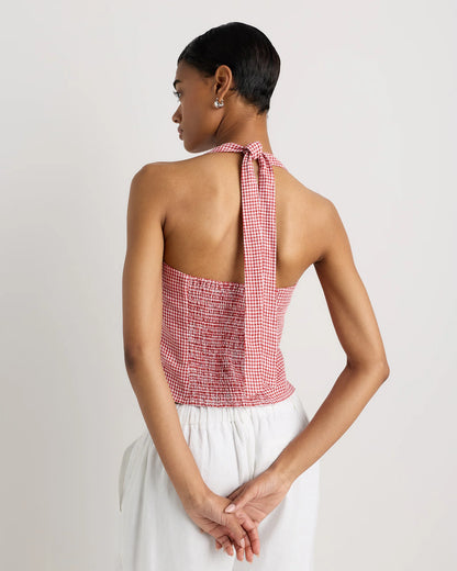 100% European Linen Halter Top - XS / Red Classic Mini Gingham
