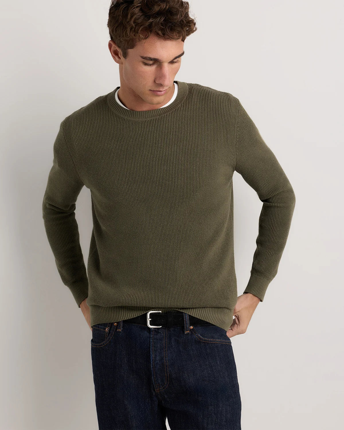 Organic Cotton Cashmere Waffle Crewneck Sweater - S / Bayberry Olive
