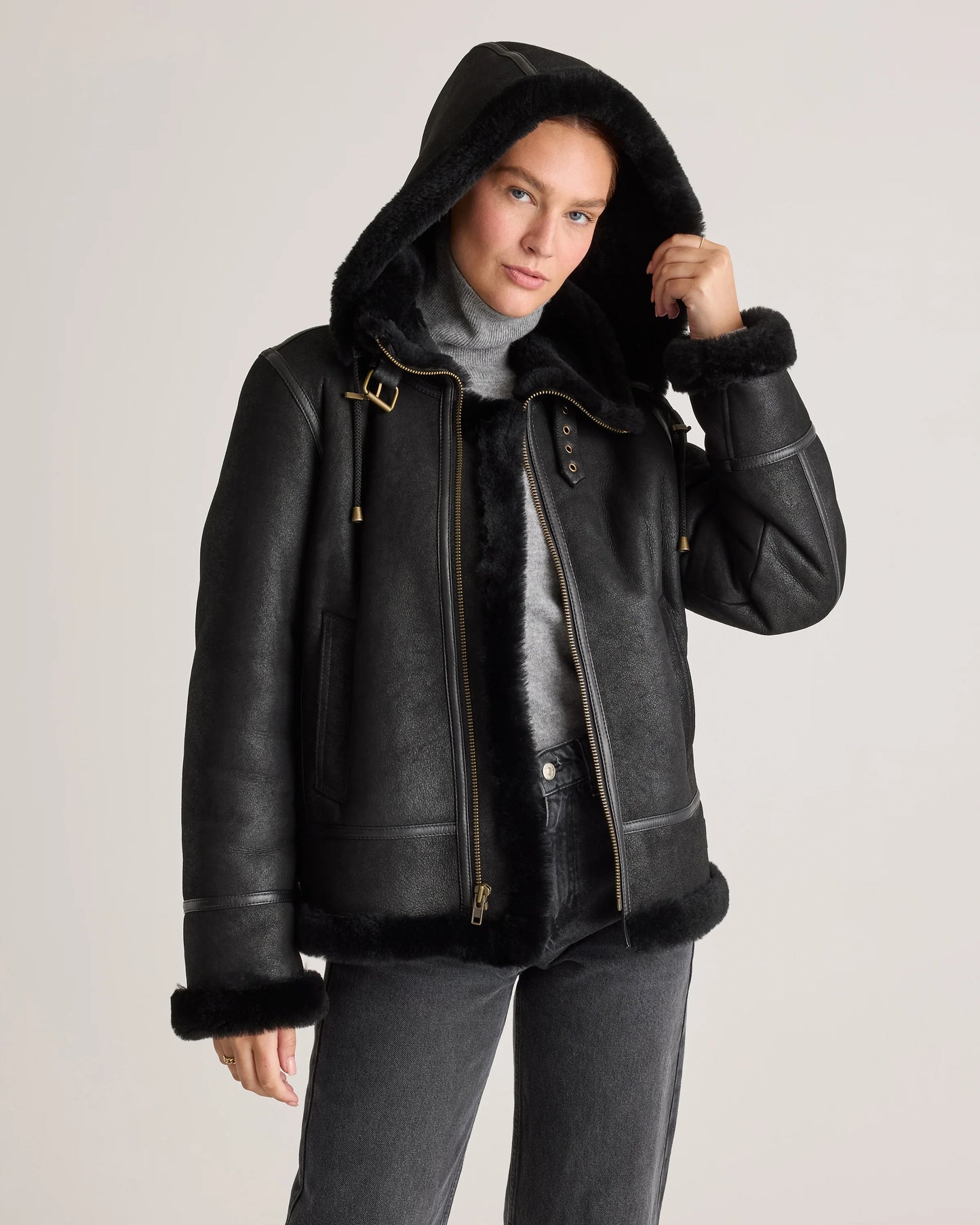 100% Shearling Cold Weather Bomber Jacket - XS / Black