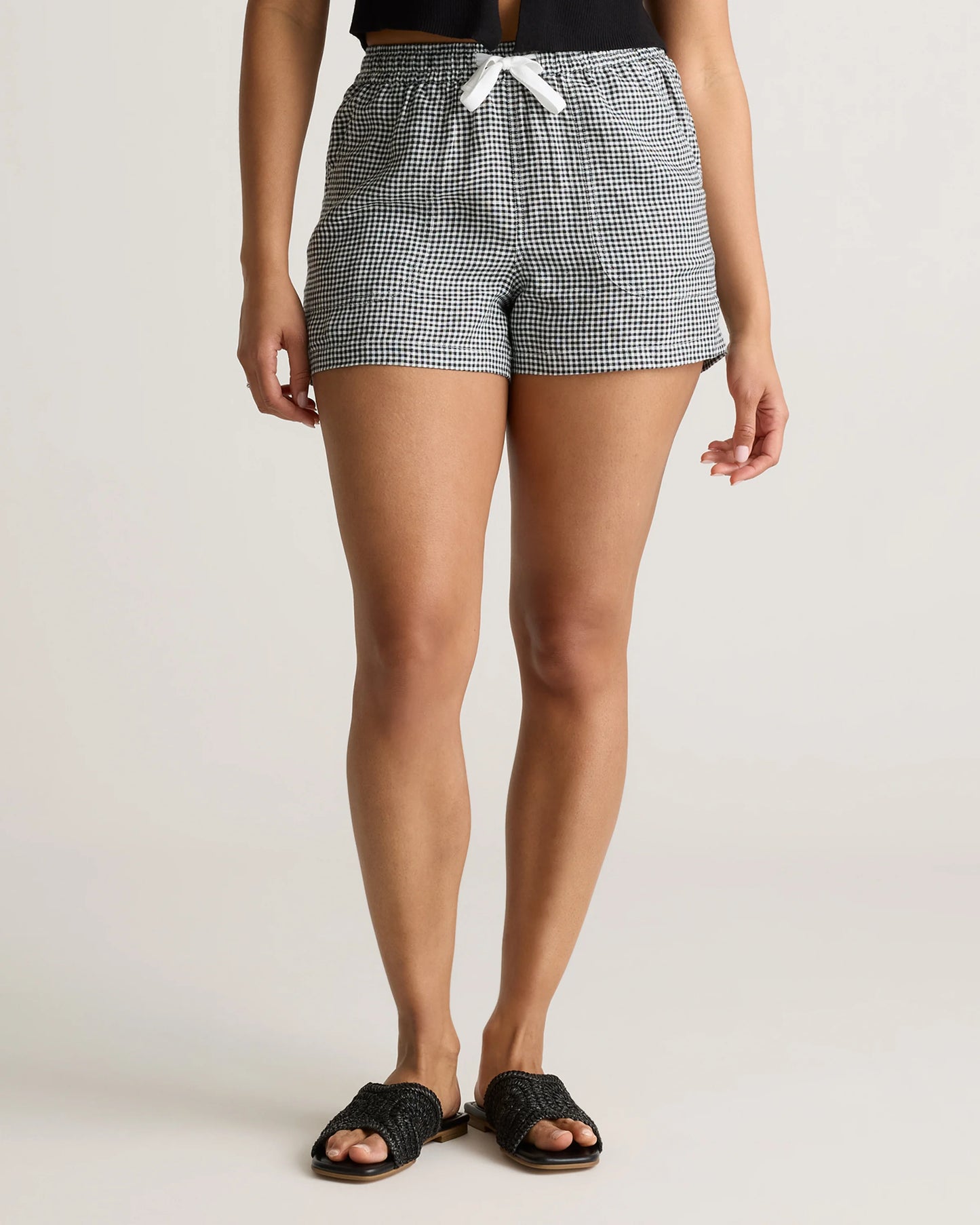 100% European Linen Shorts - XS / Taupe Brown Gingham