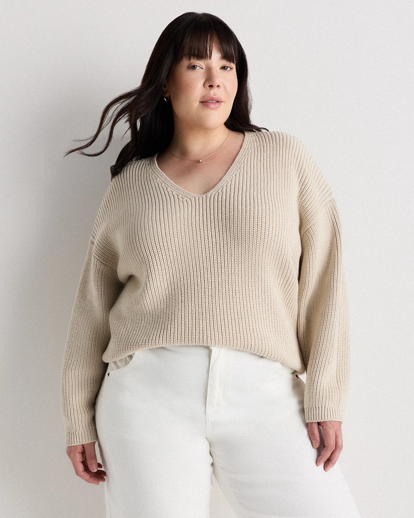 100% Organic Cotton Fisherman V-Neck Sweater - 1X / Speckled Beige