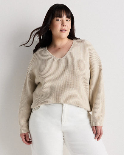 100% Organic Cotton Fisherman V-Neck Sweater - 1X / Speckled Beige