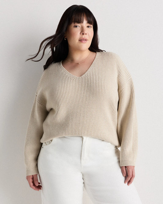 100% Organic Cotton Fisherman V-Neck Sweater - 1X / Speckled Beige