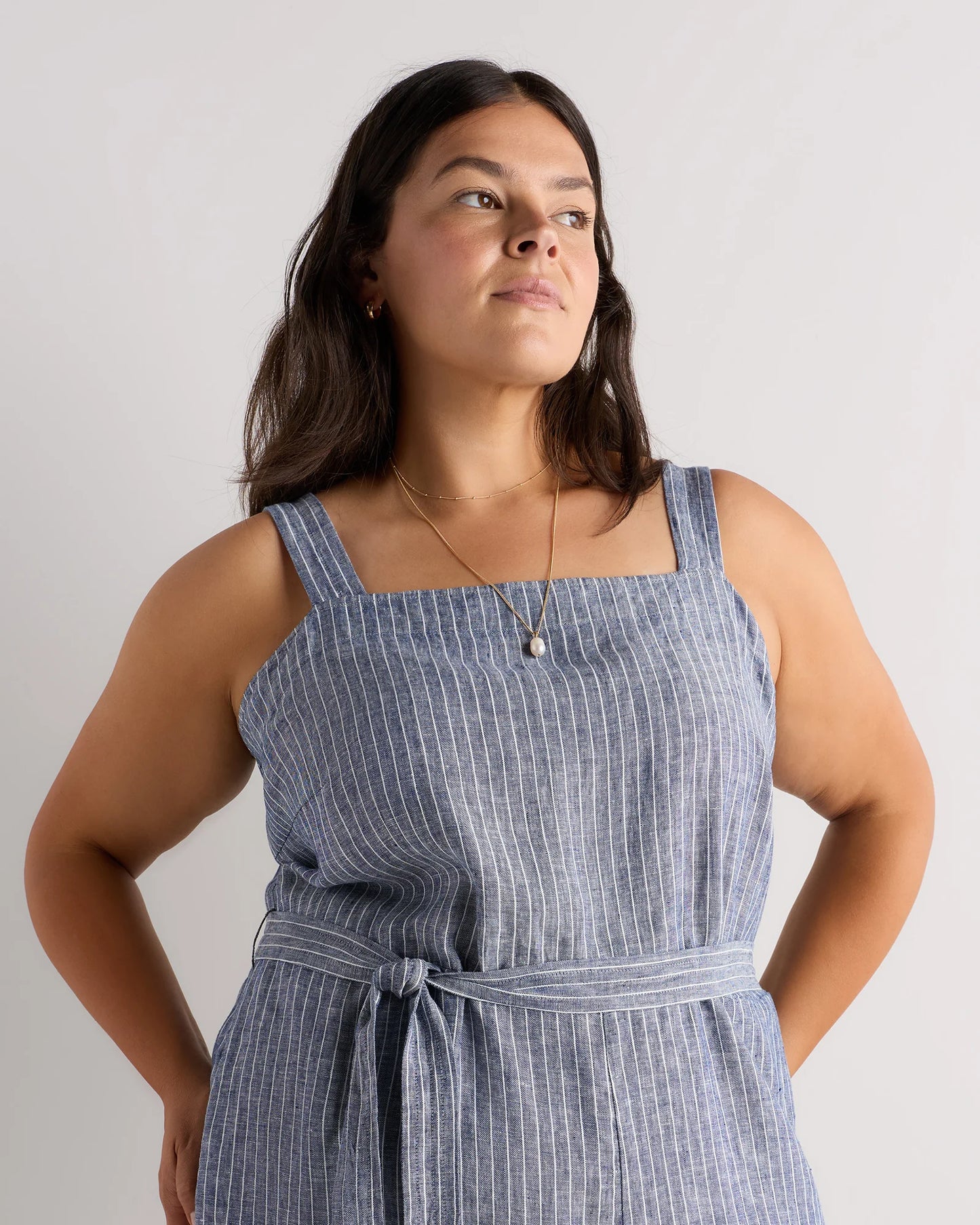 100% European Linen Square Neck Jumpsuit - 1X / Deep Navy