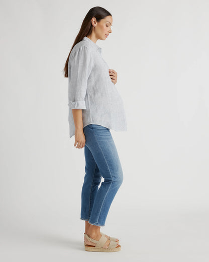 100% European Linen Maternity Long Sleeve Shirt - XS / Blue Pinstripe