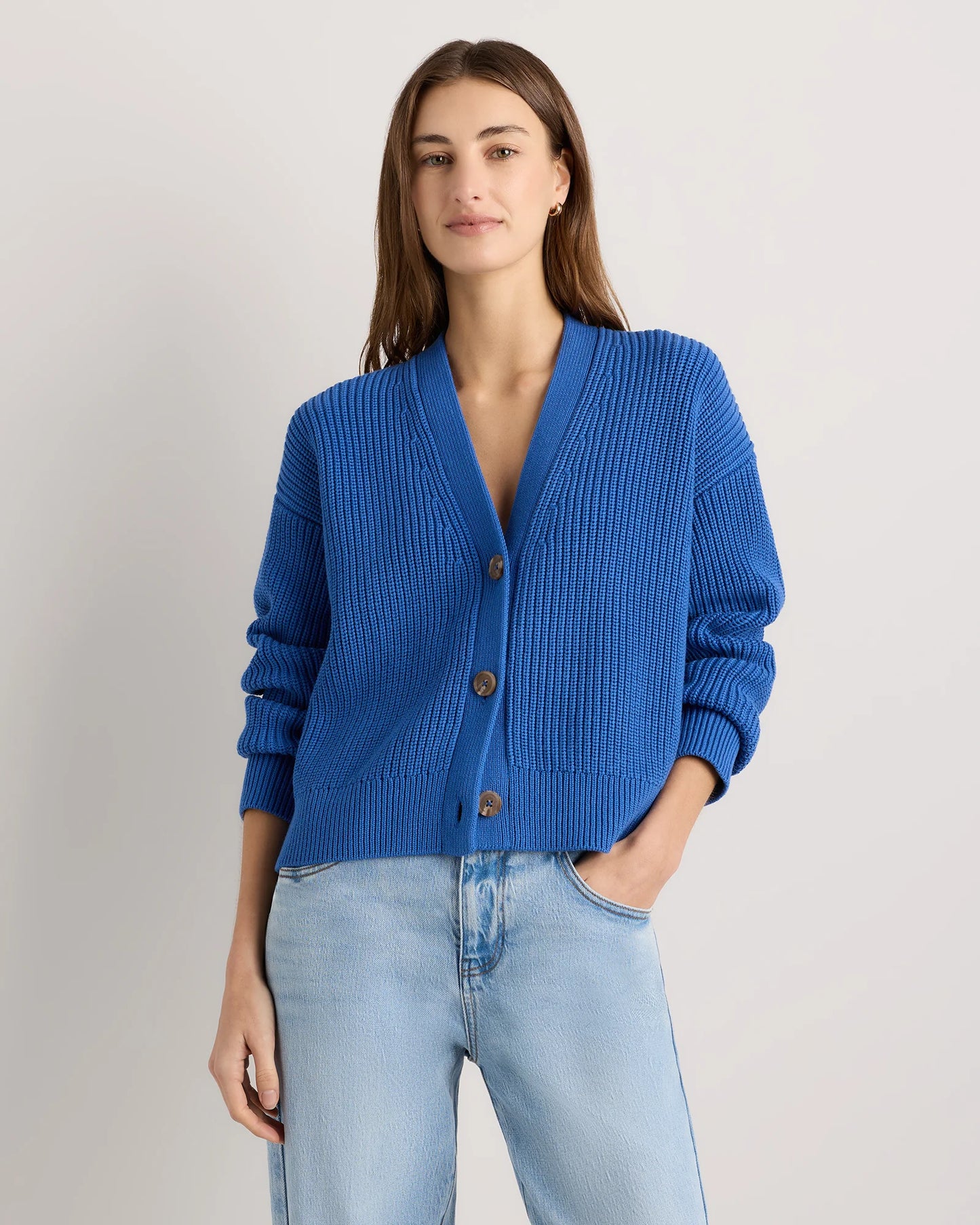100% Organic Cotton Fisherman Boxy Cropped Cardigan - XS / Sapphire Blue