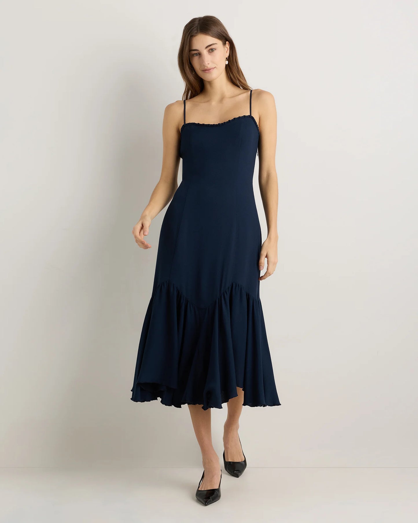 Lightweight Crepe Pleated Hem Midi Dress - XS / Deep Navy