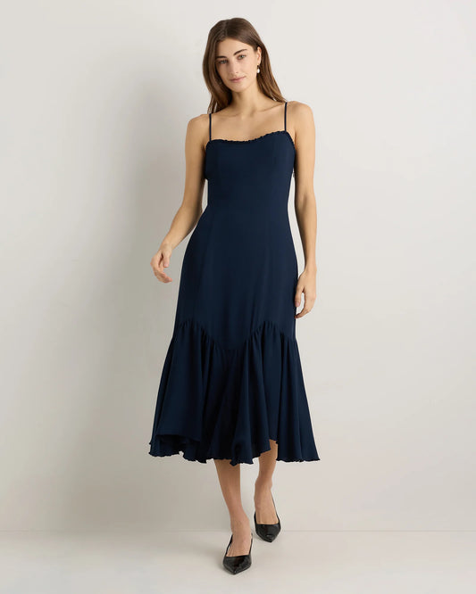 Lightweight Crepe Pleated Hem Midi Dress - XS / Deep Navy