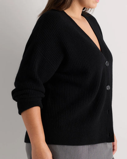 Mongolian Cashmere Fisherman Boxy Cropped Cardigan Sweater - 1X / Black
