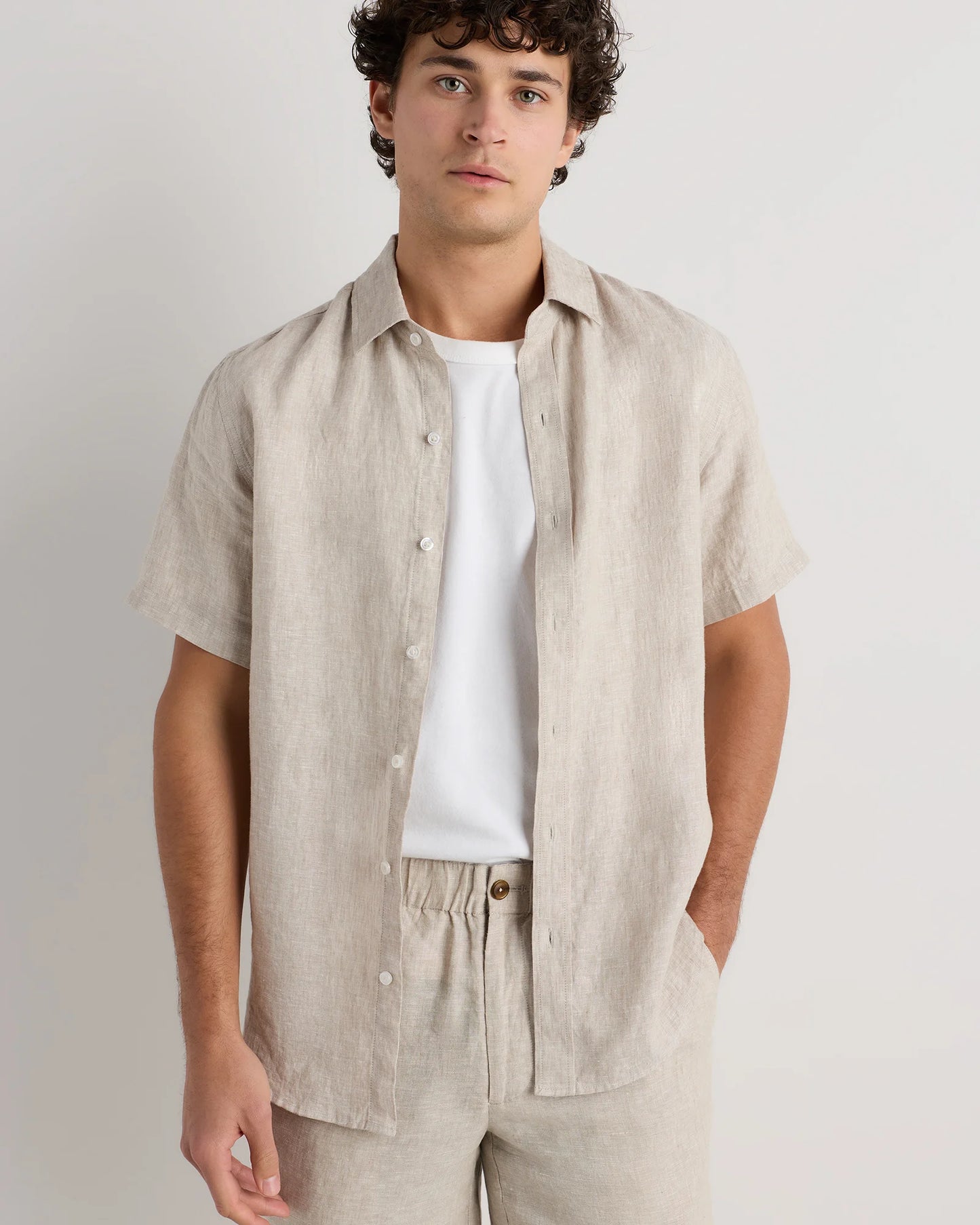 100% European Linen Relaxed Short Sleeve Shirt - XS / Taupe Brown Chambray