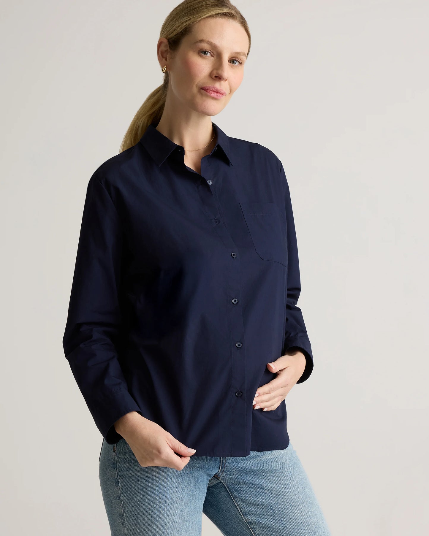 100% Organic Cotton Poplin Maternity Long Sleeve Shirt - XS / Classic White