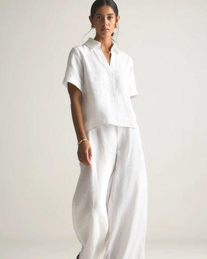 100% European Linen Short Sleeve Popover Top - XS / Blue Pinstripe
