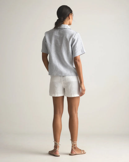 100% European Linen Short Sleeve Popover Top - XS / Blue Pinstripe