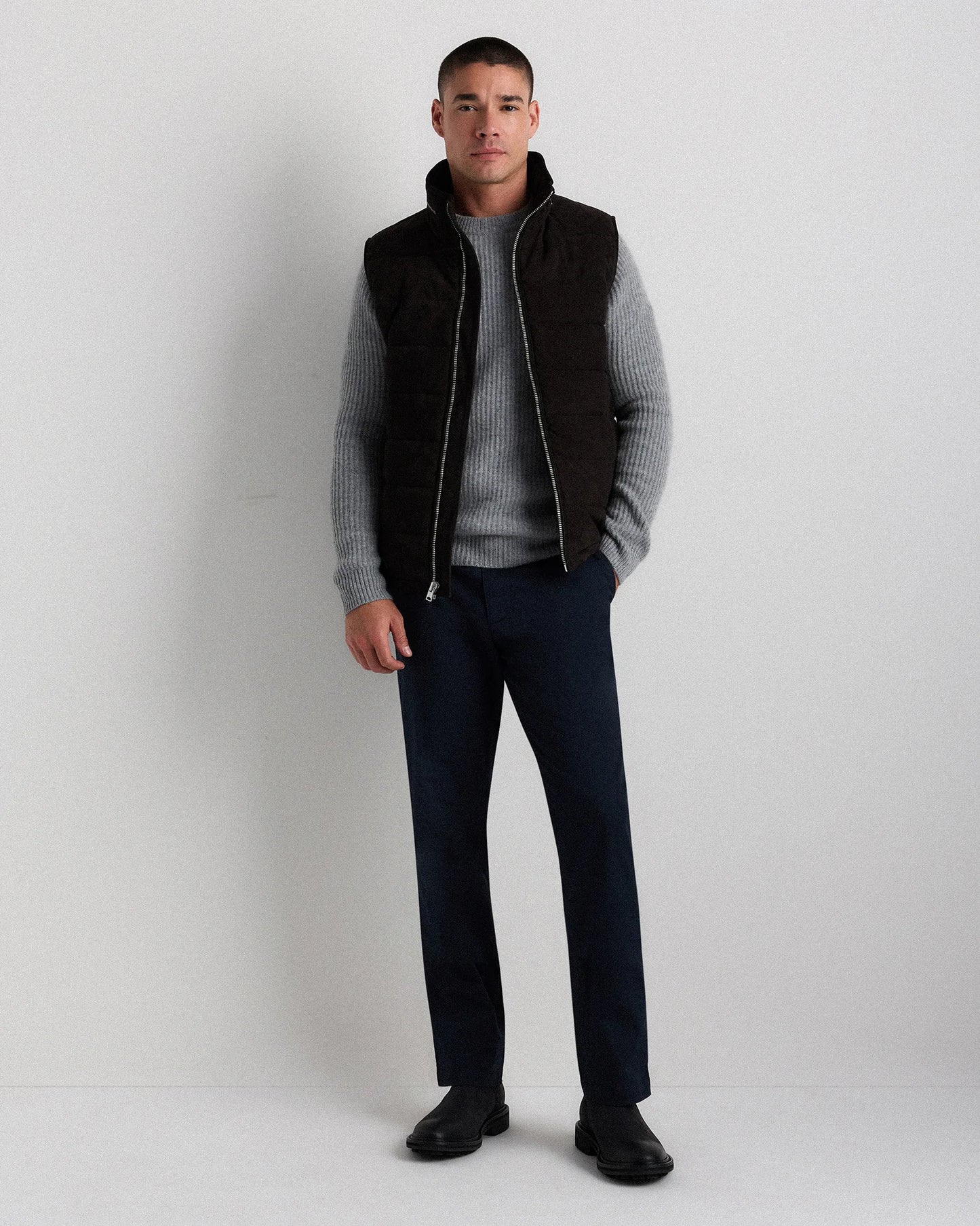 100% Suede Puffer Vest - S / Charcoal Black