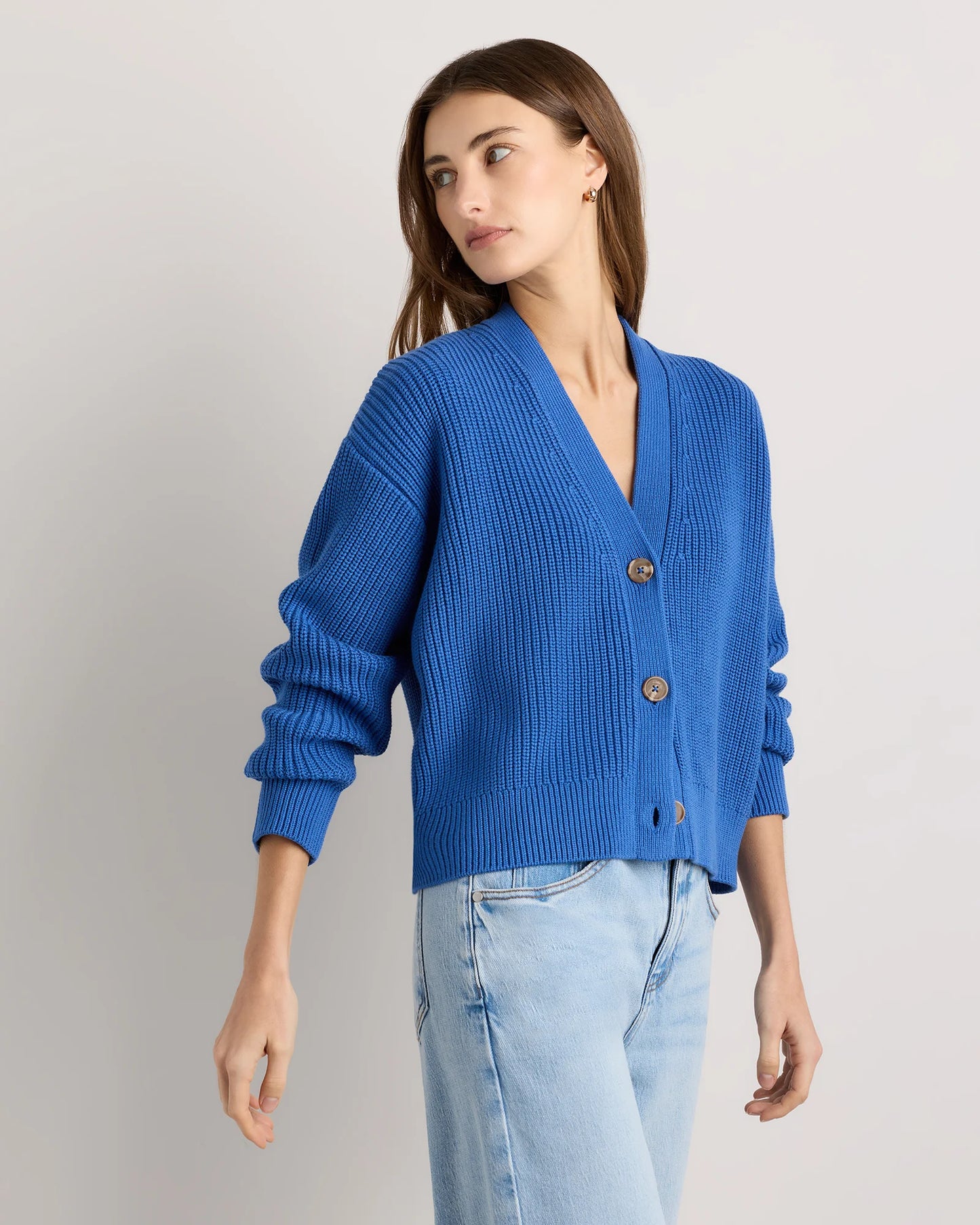 100% Organic Cotton Fisherman Boxy Cropped Cardigan - XS / Sapphire Blue