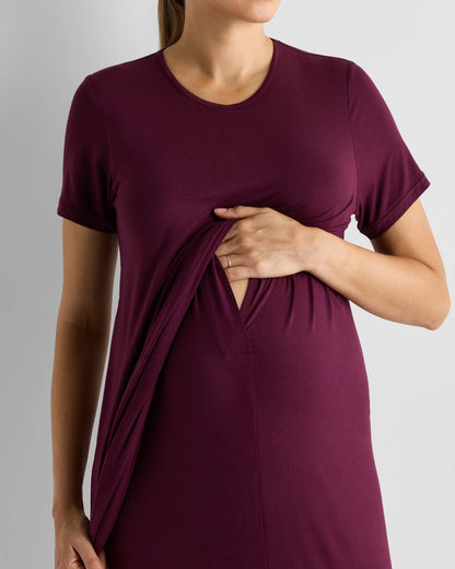 Bamboo Jersey Maternity & Nursing T-Shirt Dress - XS / Wine Tasting Red