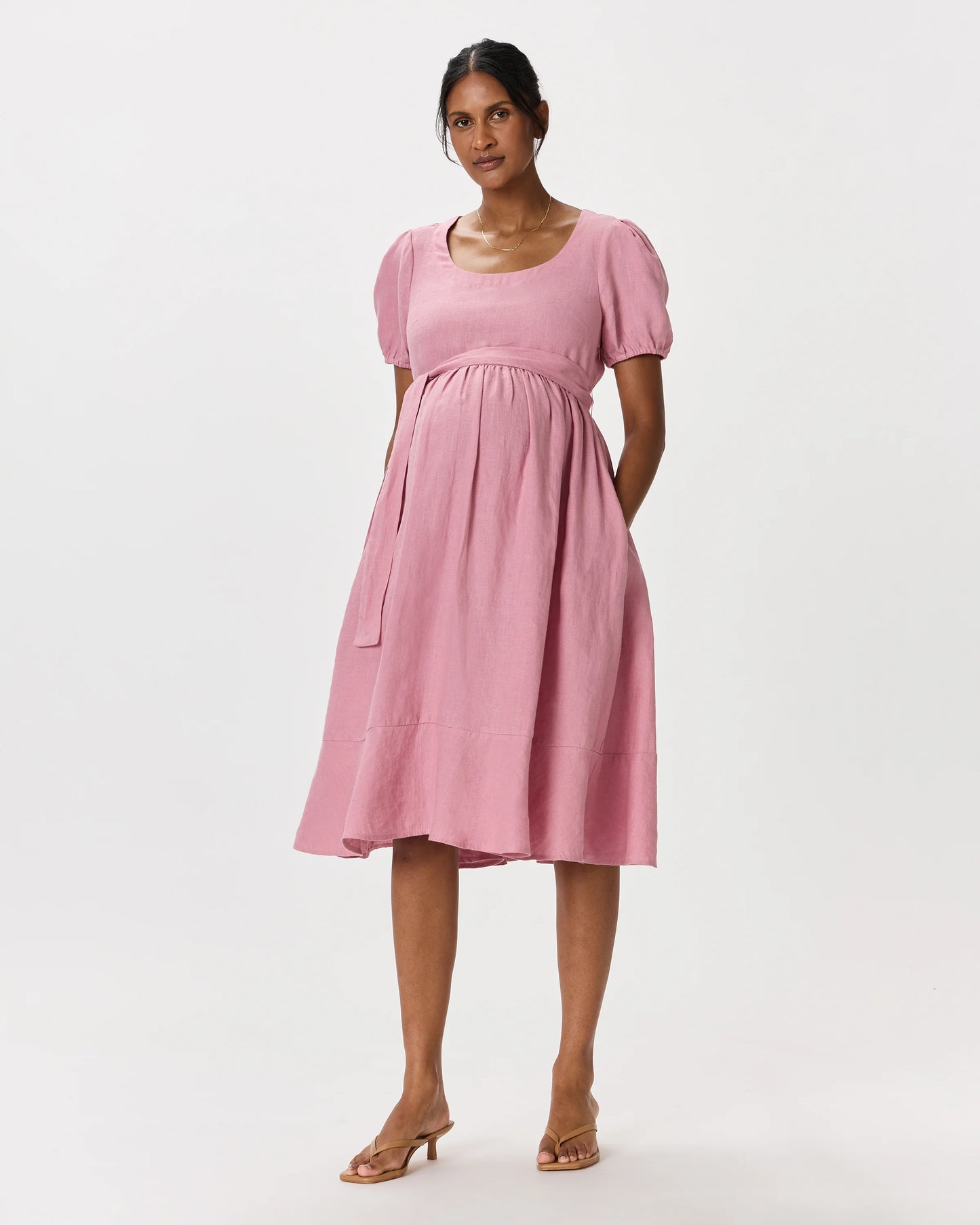100% European Linen Maternity Short Sleeve Midi Dress - XS / Ivory Porcelain Blue Petite Floral