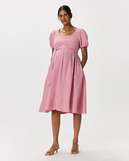 100% European Linen Maternity Short Sleeve Midi Dress - XS / Ivory Porcelain Blue Petite Floral