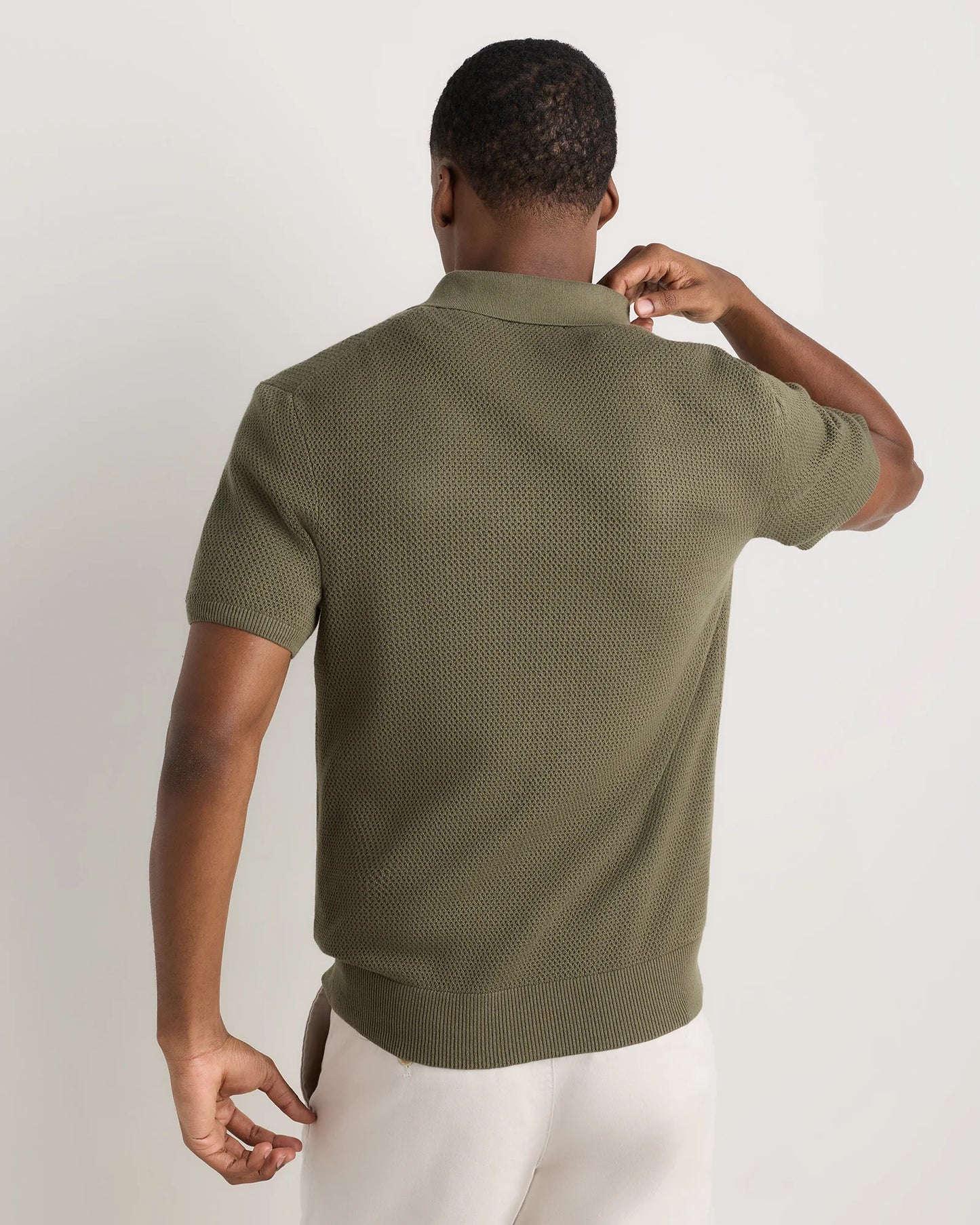 100% Organic Cotton Mesh-Stitch Button-Up Sweater Polo - XS / Speckled Beige