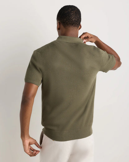 100% Organic Cotton Mesh-Stitch Button-Up Sweater Polo - XS / Speckled Beige