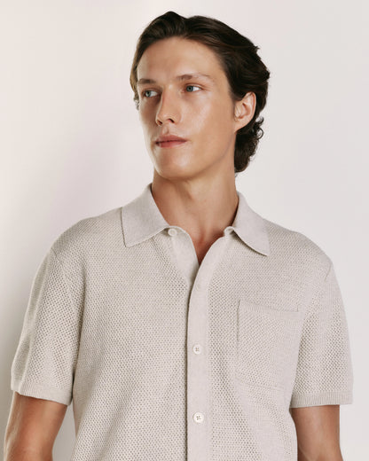 100% Organic Cotton Mesh-Stitch Button-Up Sweater Polo - XS / Speckled Beige
