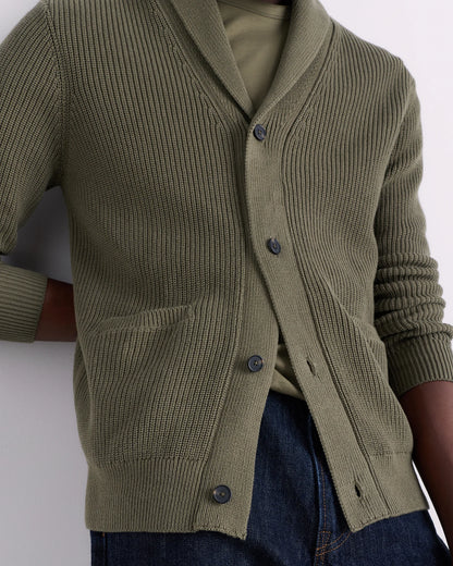 100% Organic Cotton Ribbed Shawl-Collar Cardigan Sweater - S / Bayberry Olive