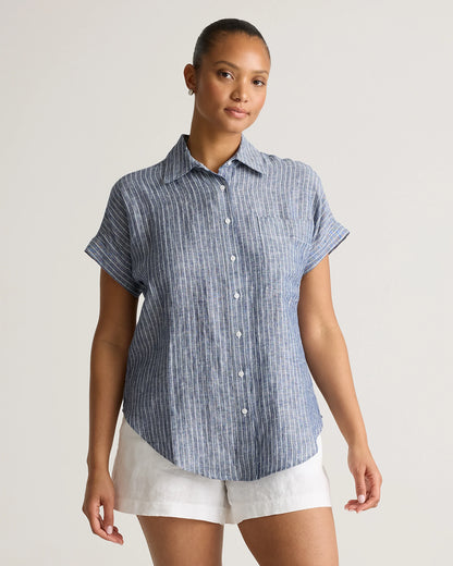100% European Linen Camp Shirt - XS / Sky Blue Mariner Stripe