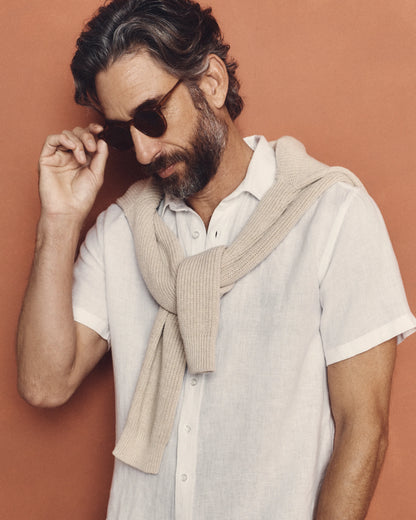 100% European Linen Relaxed Short Sleeve Shirt - XS / Taupe Brown Chambray