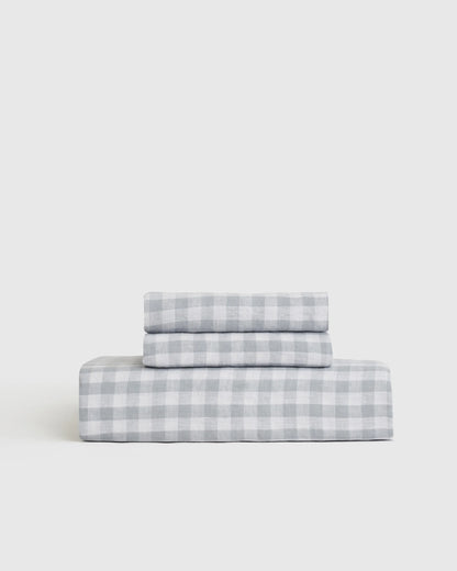 European Linen Gingham Fitted Sheet Set - Twin / Blue Fog