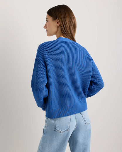 100% Organic Cotton Fisherman Boxy Cropped Cardigan - XS / Sapphire Blue