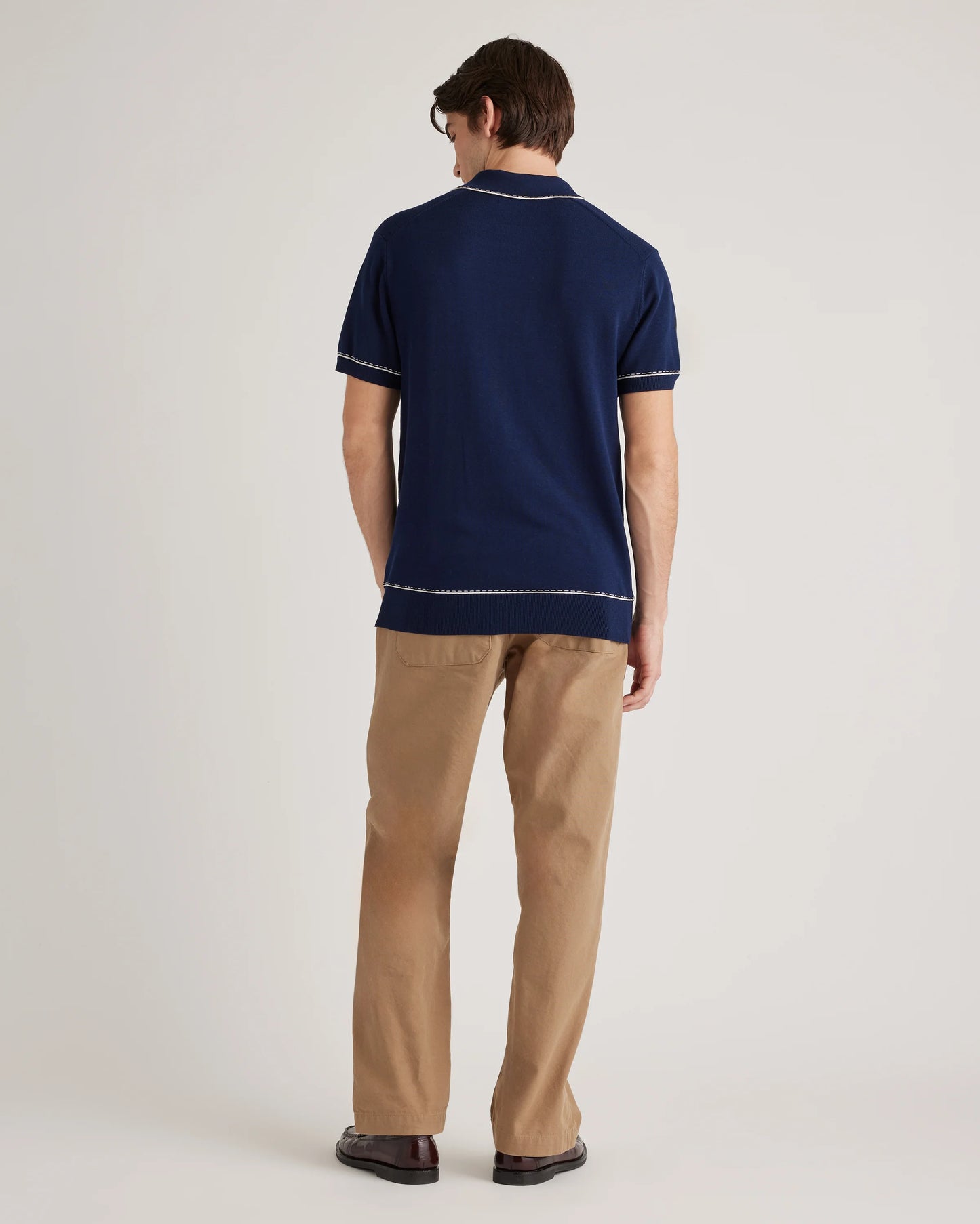 Organic Cotton-Silk Tipped Polo Sweater - S / Navy/Ivory