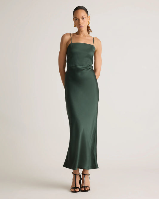 100% Washable Silk Square Neck Maxi Dress - XS / Forest Green