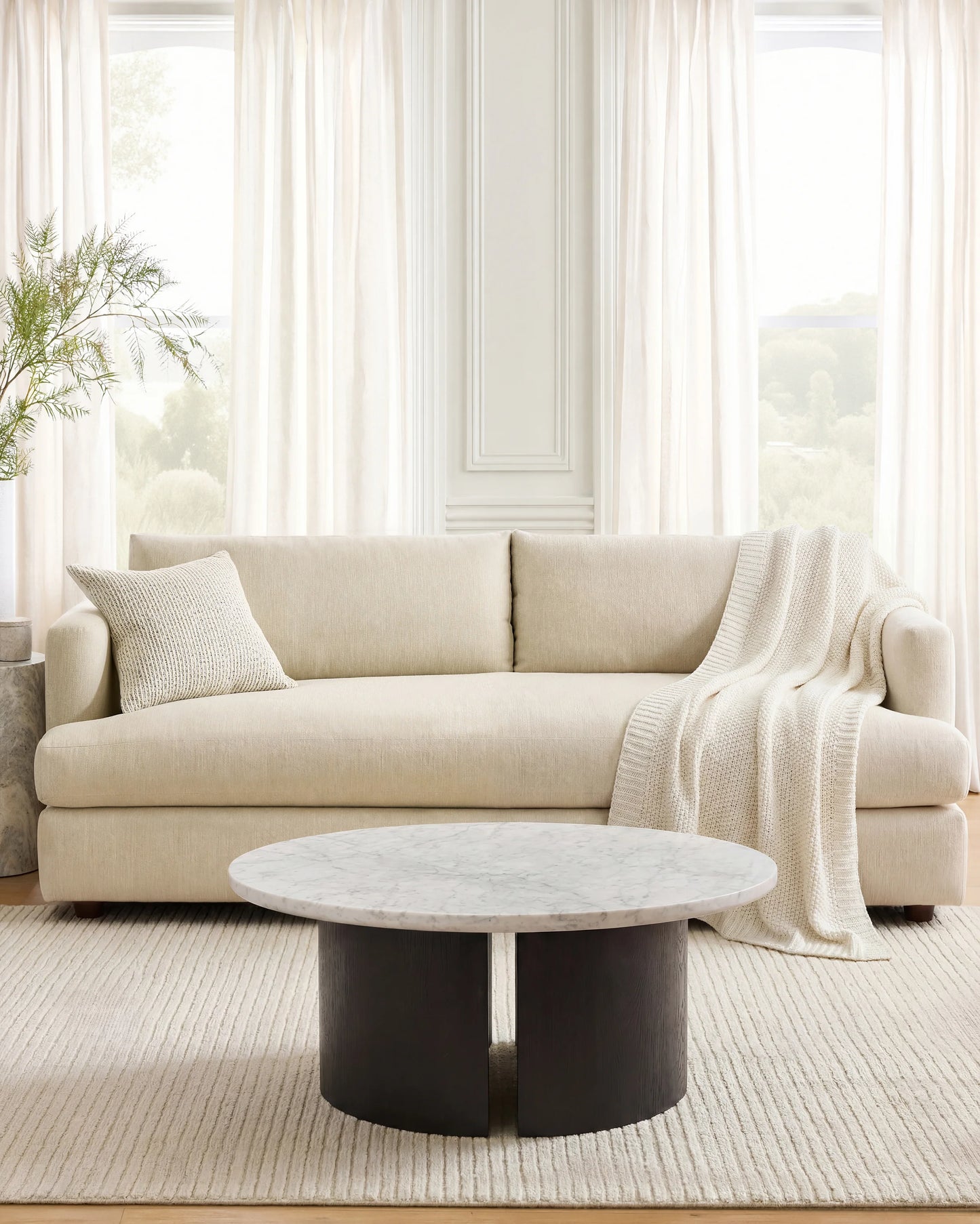 Marble and Oak Double Pedestal Coffee Table - One Size / White/Black