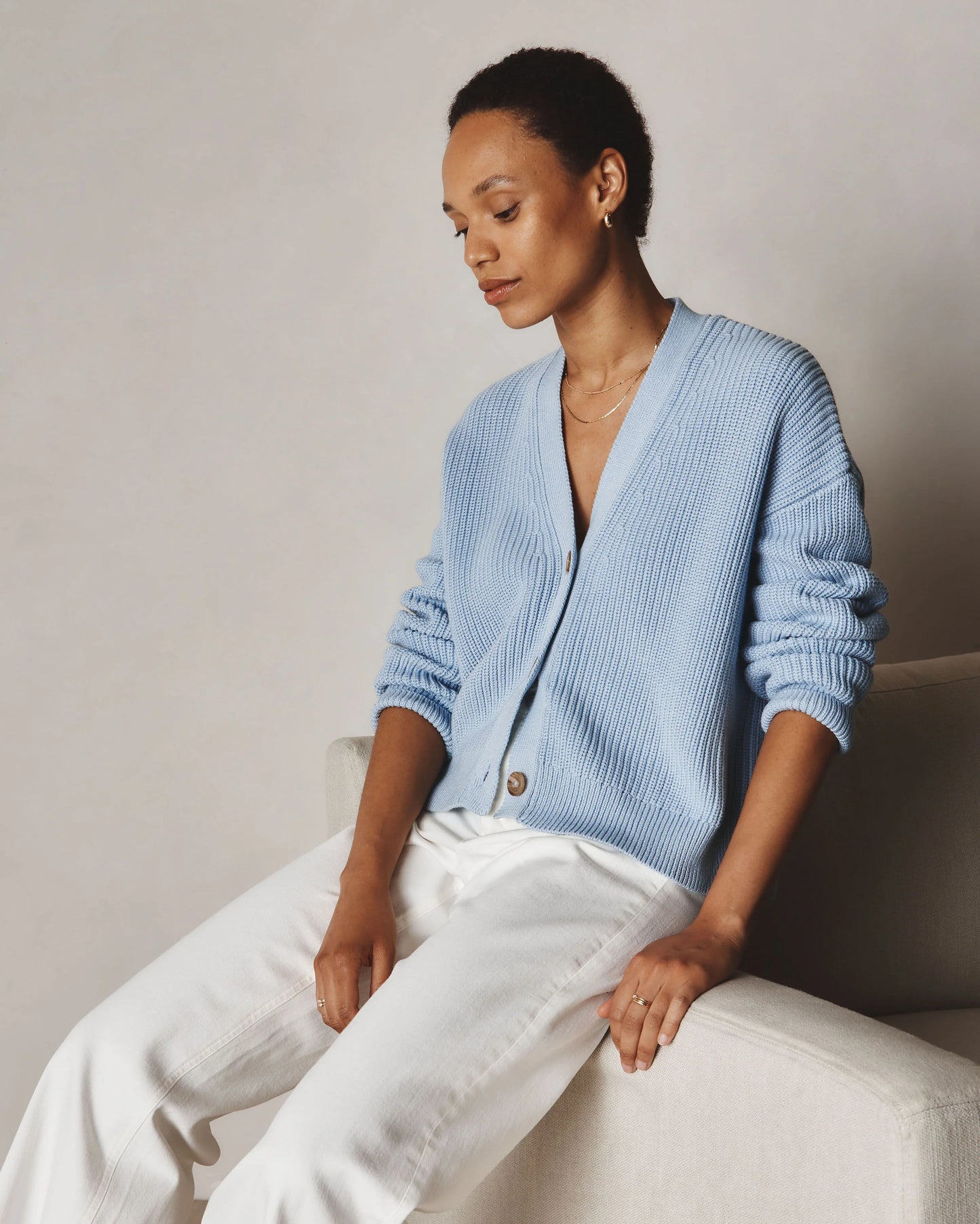 100% Organic Cotton Fisherman Boxy Cropped Cardigan - XS / Sapphire Blue
