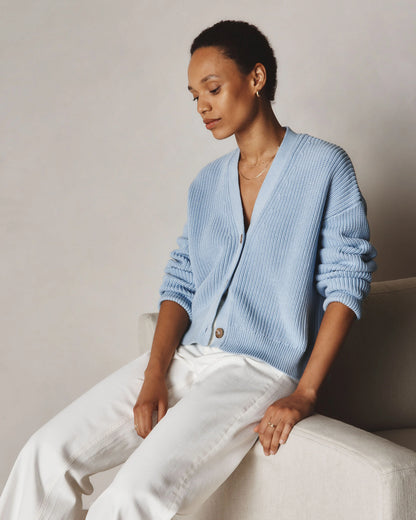 100% Organic Cotton Fisherman Boxy Cropped Cardigan - XS / Sapphire Blue