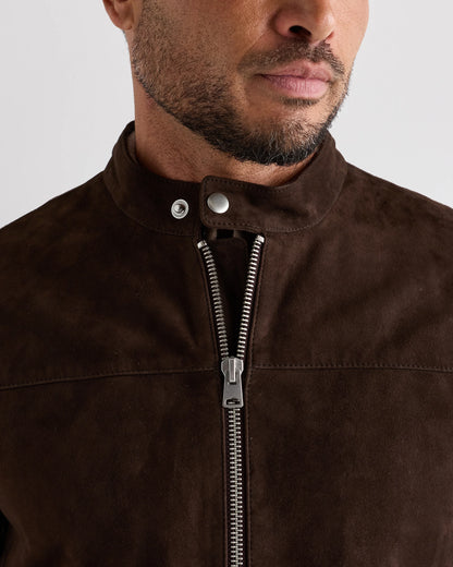 100% Suede Café Racer Jacket - S / Pecan Brown