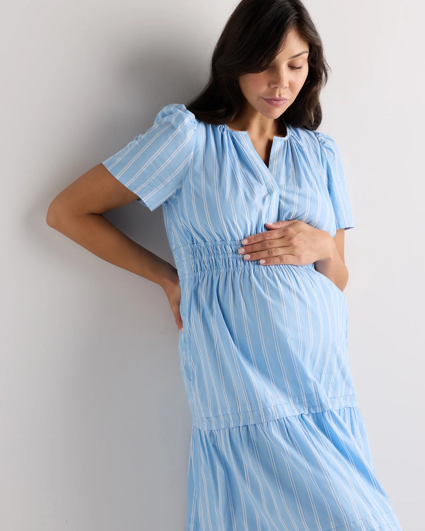 100% Organic Cotton Poplin Maternity Tiered Maxi Dress - XS / Riviera Blue Heirloom Floral