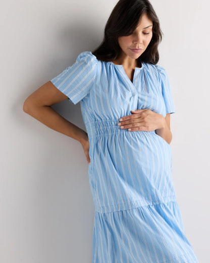 100% Organic Cotton Poplin Maternity Tiered Maxi Dress - XS / Riviera Blue Heirloom Floral