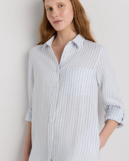 100% European Linen Shirt Dress - XS / Sky Blue Mariner Stripe