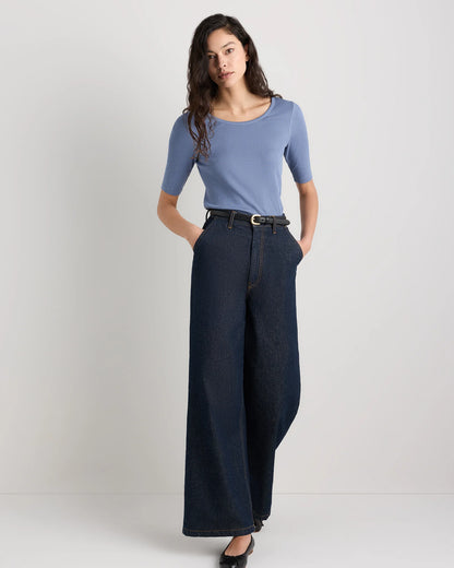 Organic Cotton Micro-Rib Elbow Sleeve Tee - XS / Moonstone Blue
