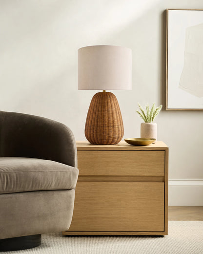 Natural Rattan Table Lamp with Linen Shade - One Size / Light Brown