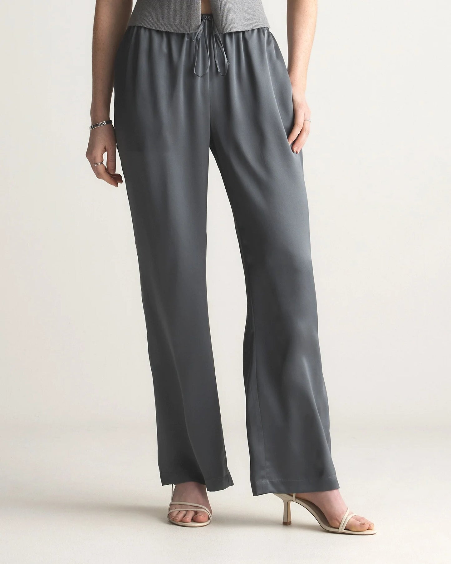 100% Washable Silk Drawstring Wide Leg Pants - XS / Champagne