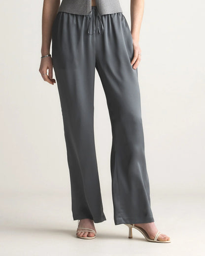 100% Washable Silk Drawstring Wide Leg Pants - XS / Champagne