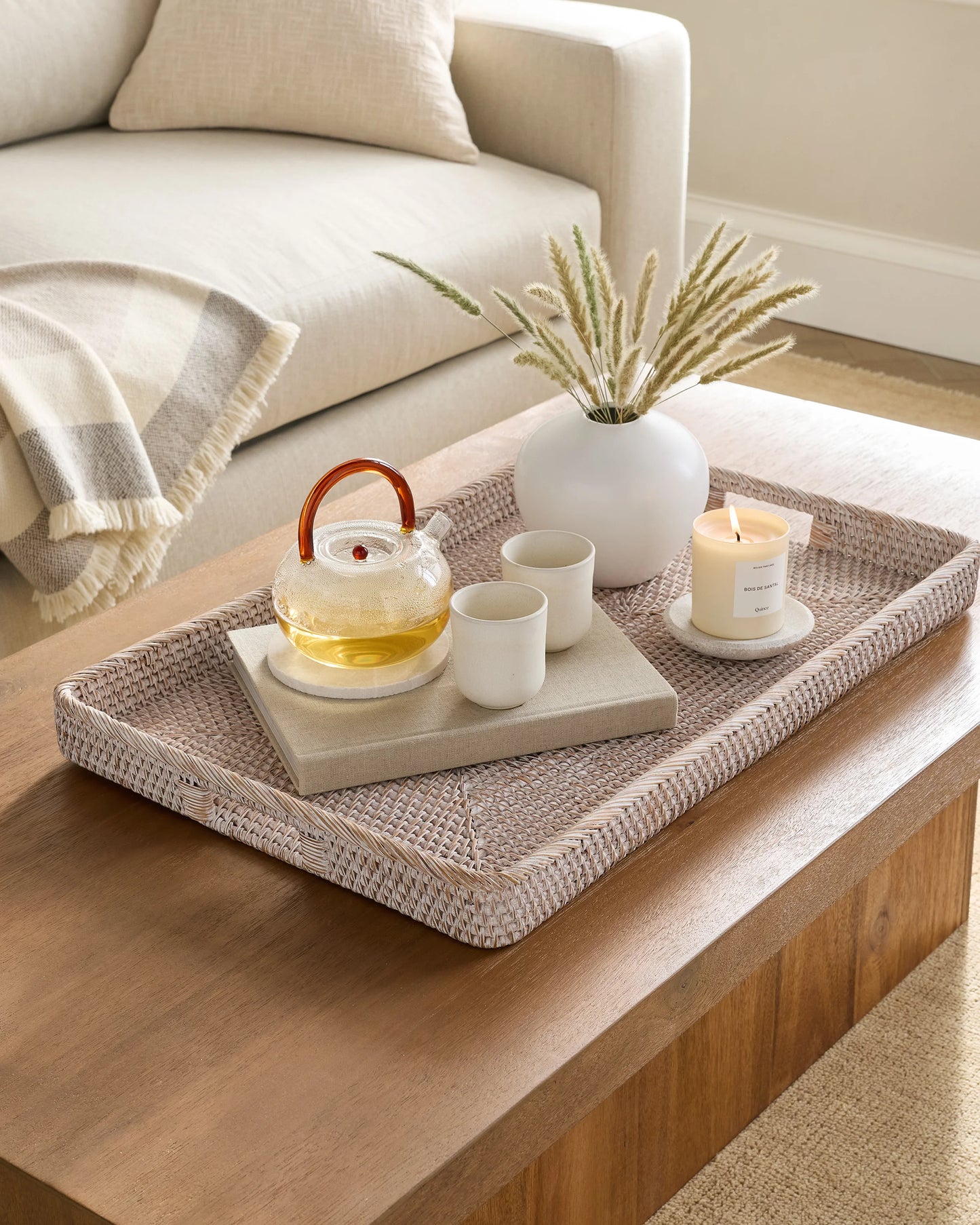 Handwoven Rattan Rectangular Tray - One Size / Natural