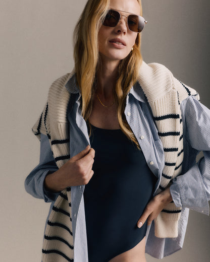 100% Organic Cotton Poplin Long Sleeve Shirt - XS / Delta Blue Double Stripe