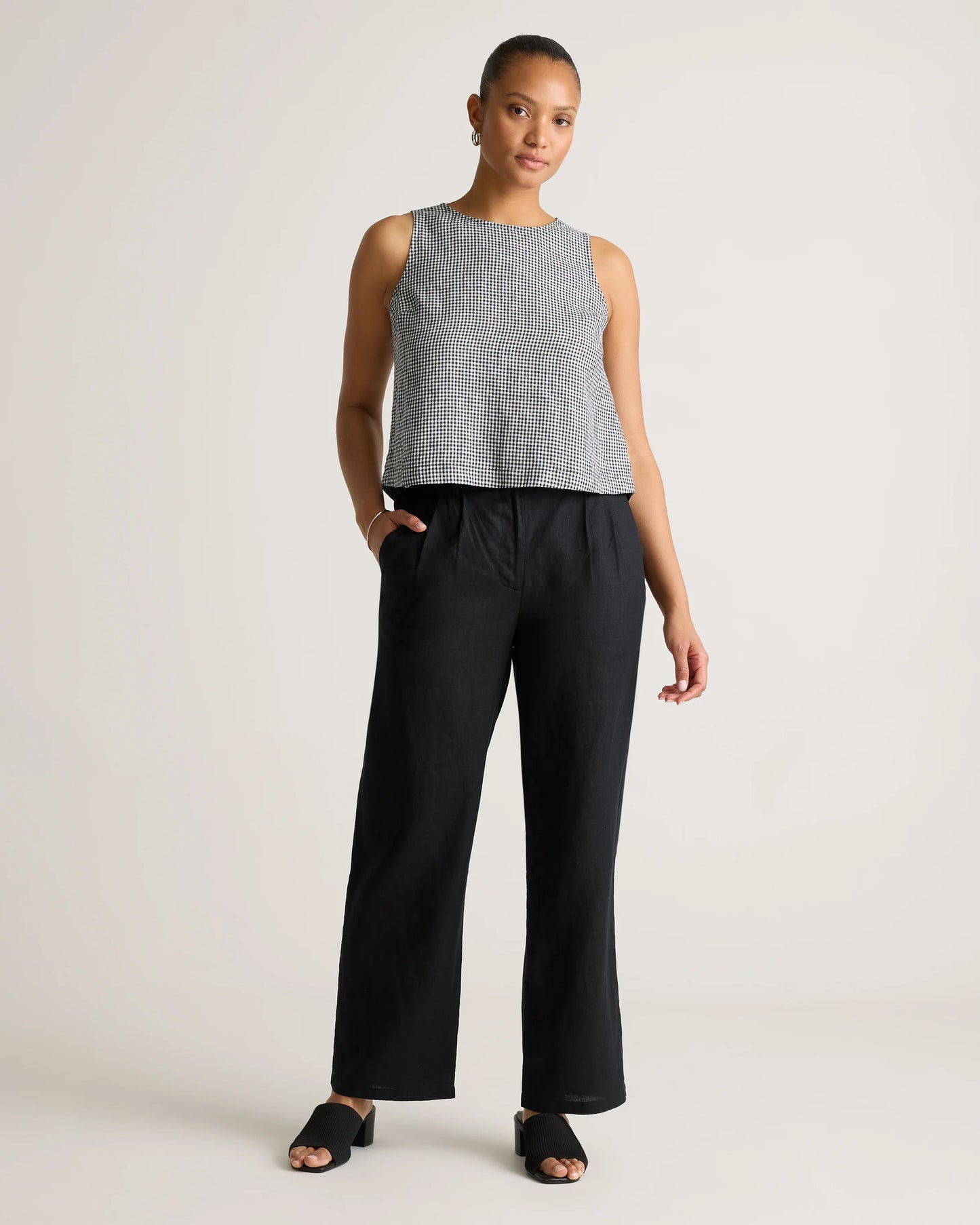 100% European Linen Cropped Tank - XS / Taupe Brown Gingham