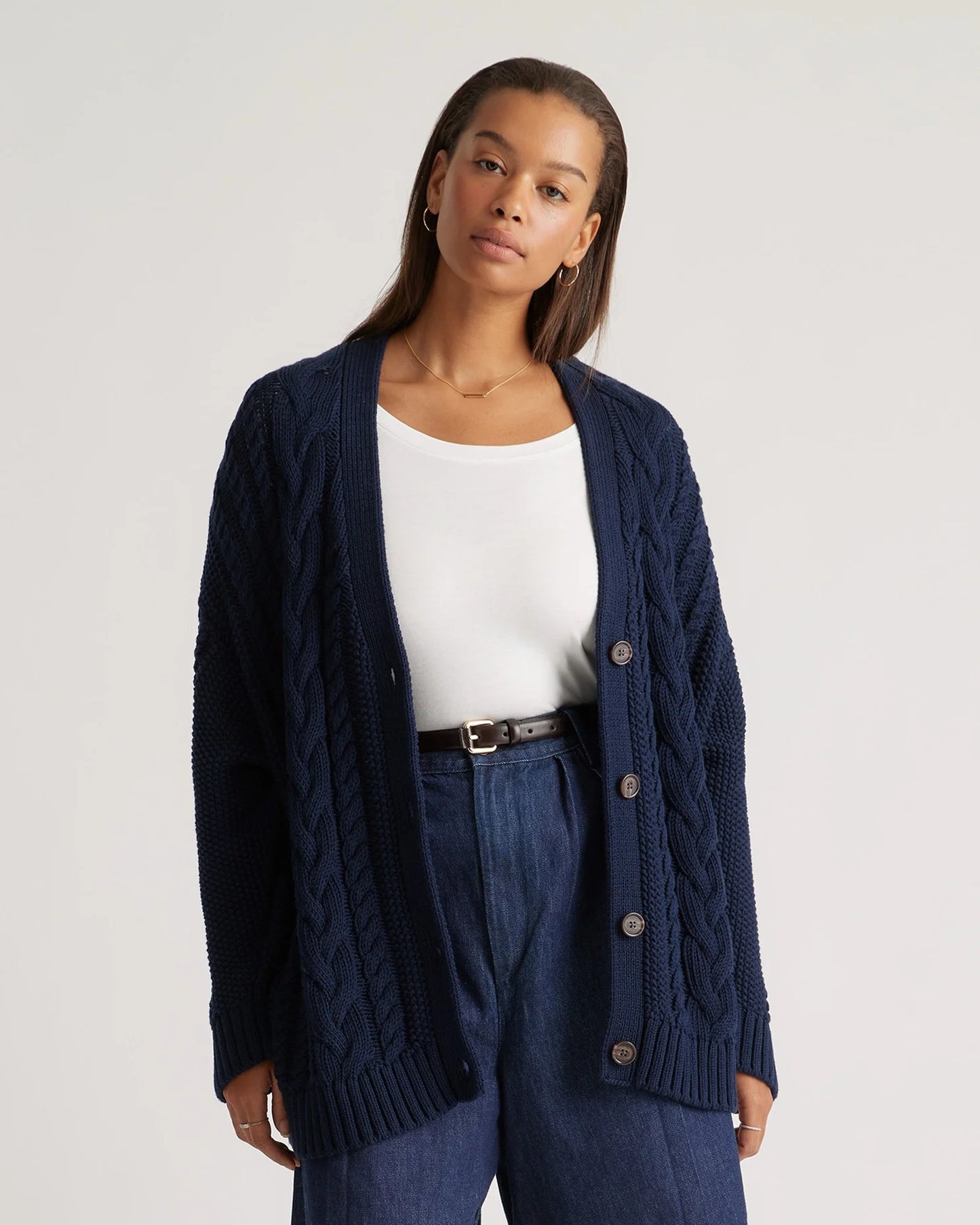 100% Organic Cotton Oversized Cable Cardigan - XS / Heather Brown