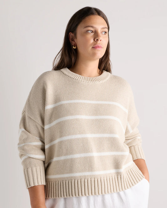 100% Organic Cotton Striped Crew Sweater - 1X / Speckled Beige/Ivory