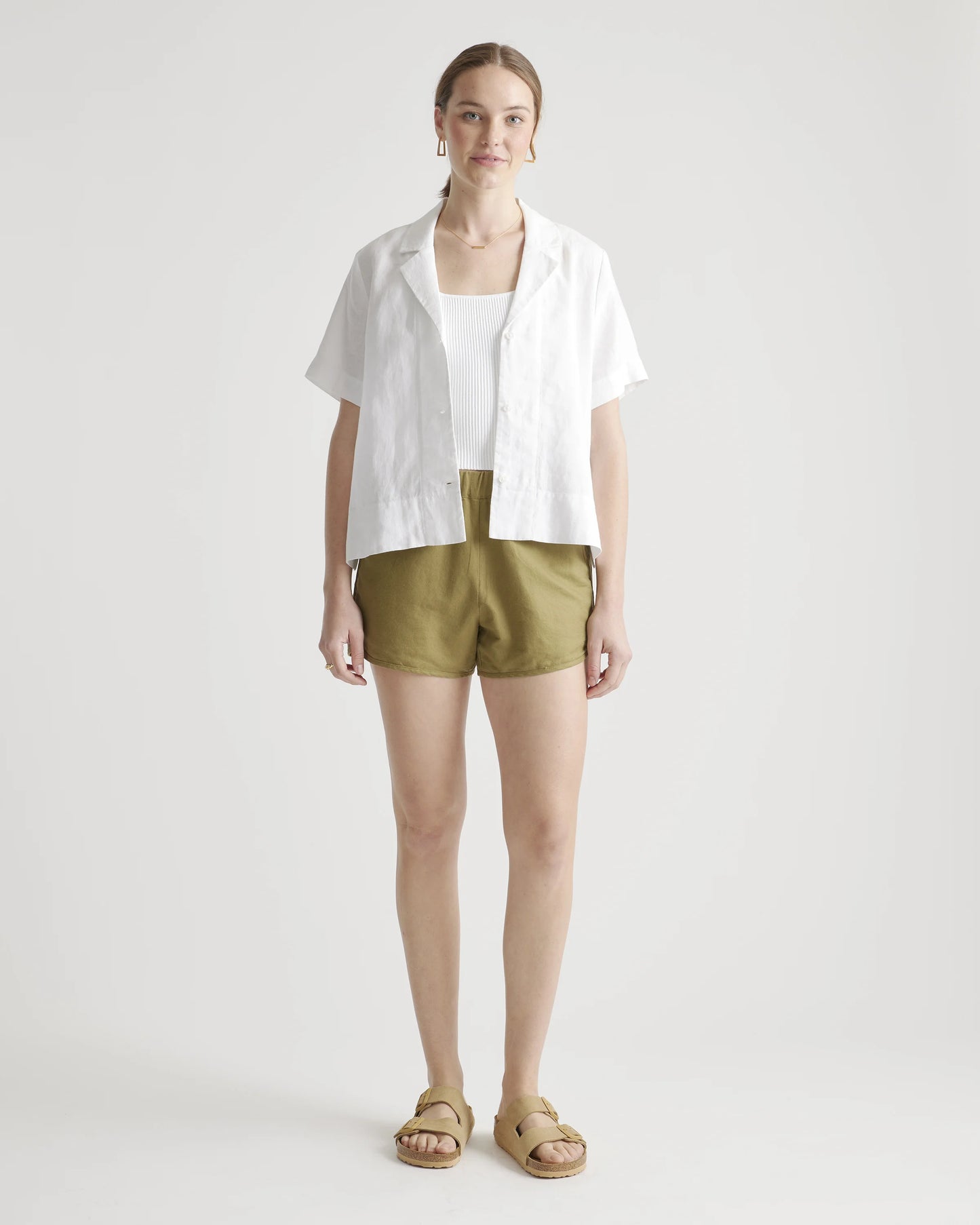 Cotton Linen Twill Pull On Shorts - XS / Army Green